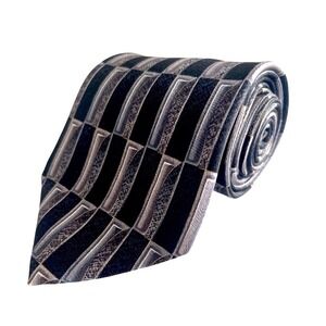 LOUIS ROTH 100% Silk Tie Blue and Black and Grey Geometric Silk Italian